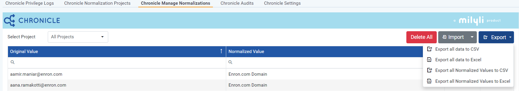 Chronicle Manage Name export button