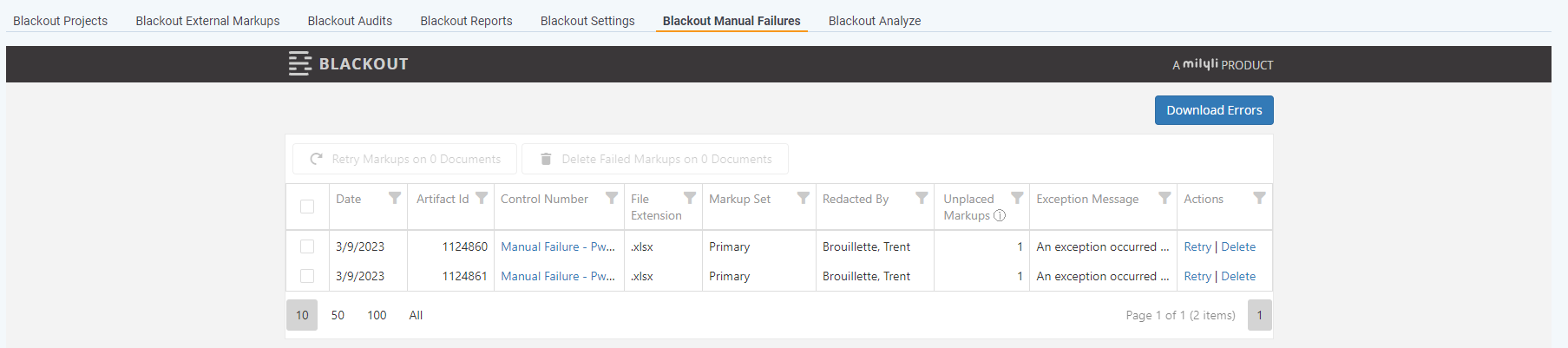 Blackout Manual Failures tab